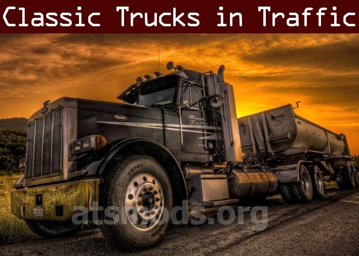 Classic American trucks and trailers in traffic